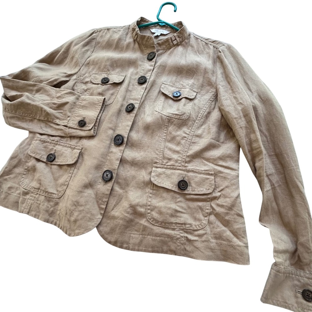 Relativity Linen Military Blazer Women XL Tan Academia Militant Utility Safari